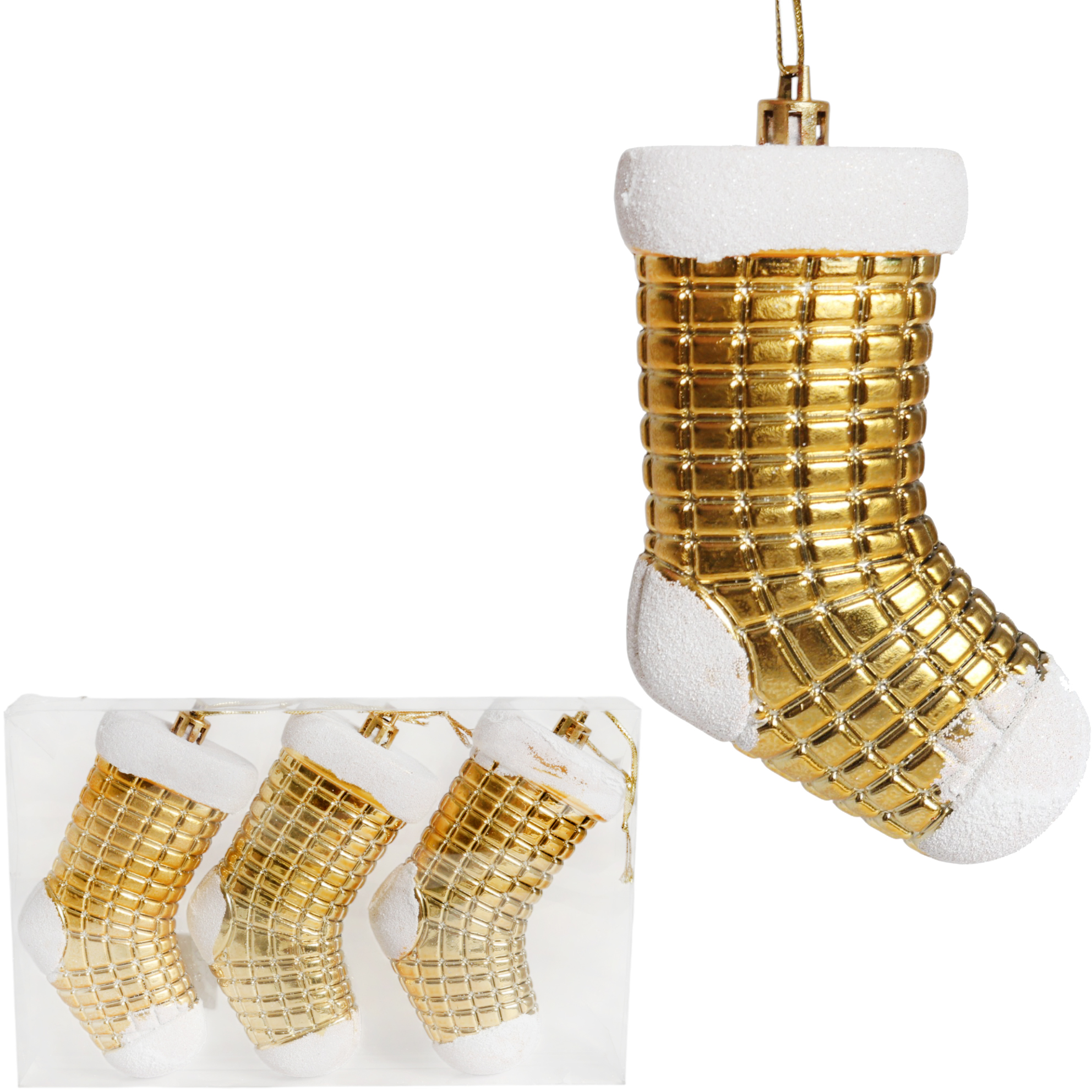 Zestaw 3 Bombek Bożonarodzeniowych w Kształcie Skarpet 10 cm – Wytrzymałe i Dekoracyjne Ozdoby Świąteczne Złote